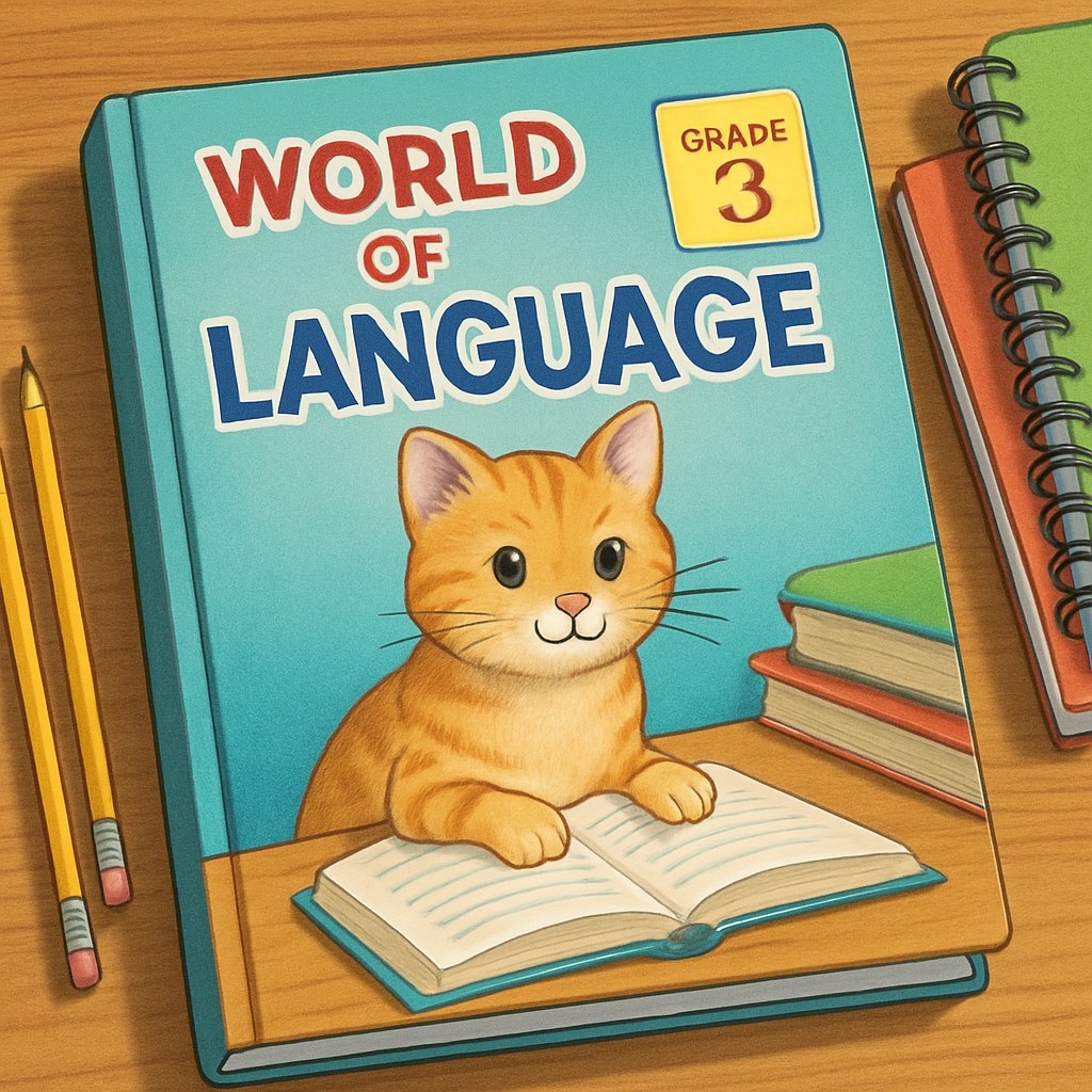World of Language third-grade textbook with cat cover and study tools