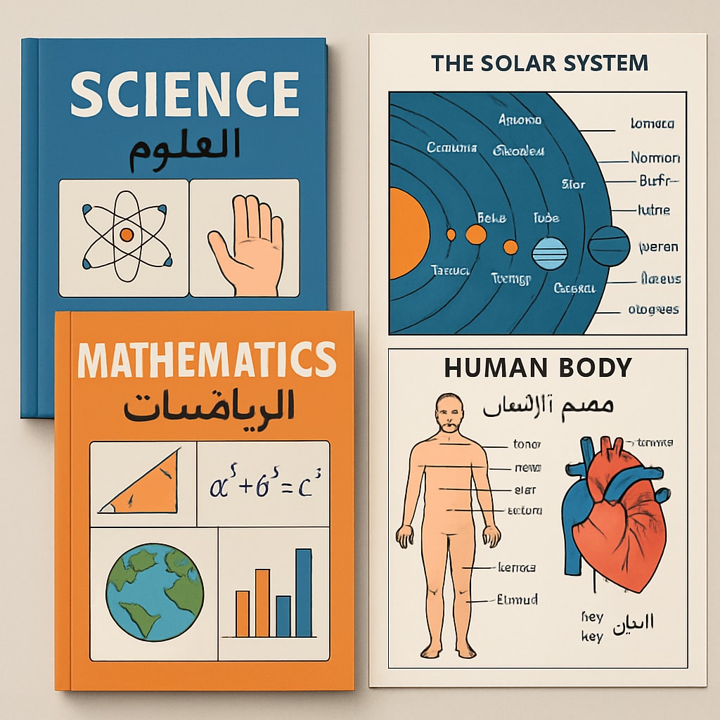 Textbooks and charts showcasing bilingual and culturally tailored materials for Gaza schools