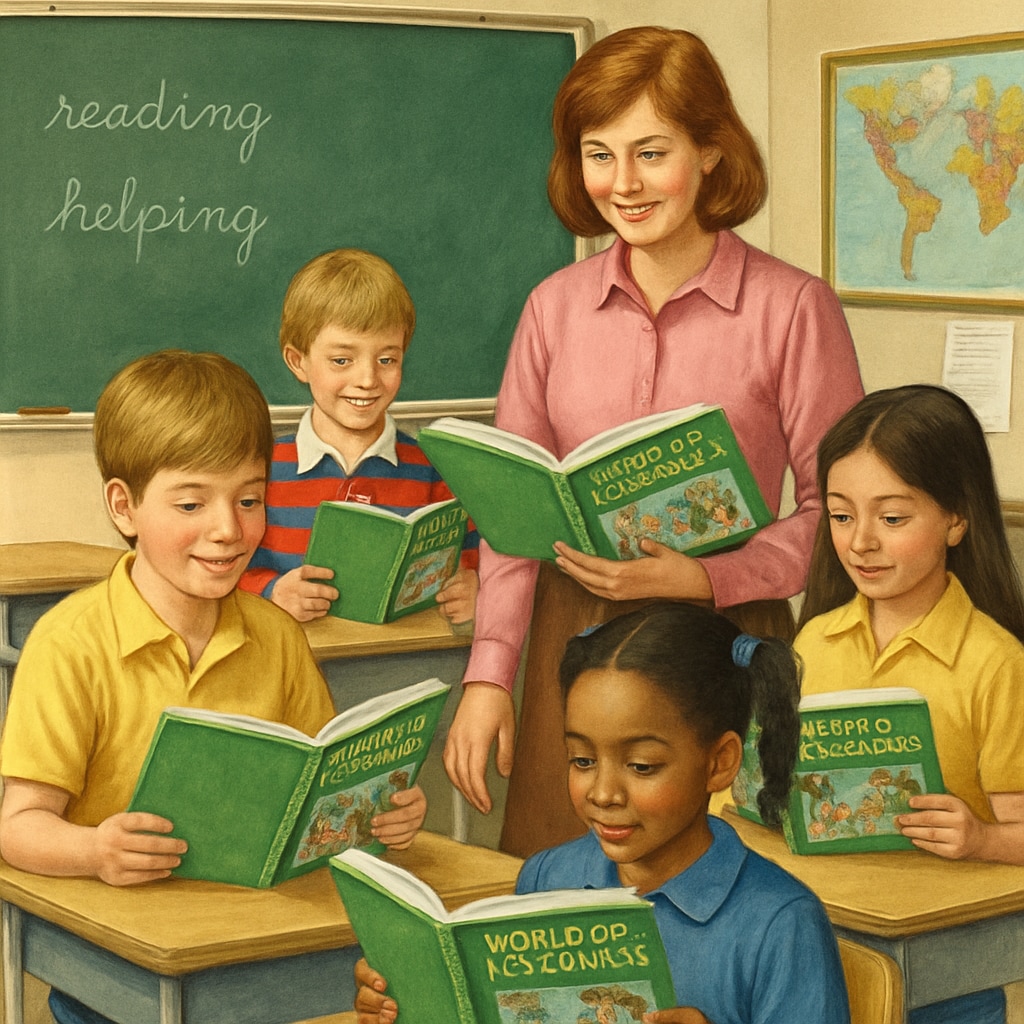 Children interacting with World of Language textbooks in a classroom