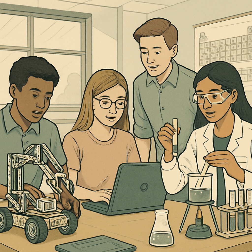 High school students in STEM classroom preparing for college-level education.