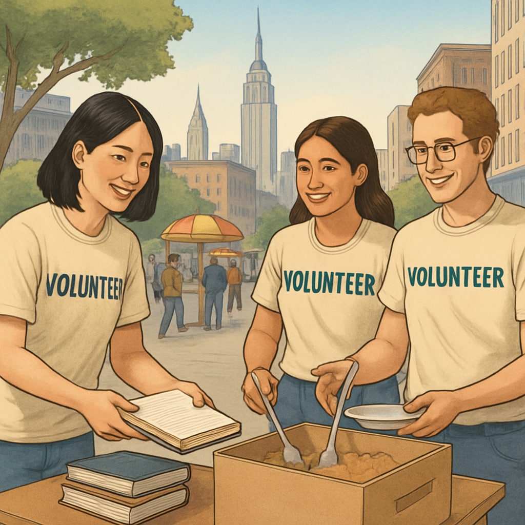 A group of international students volunteering to help at a local event in New York.