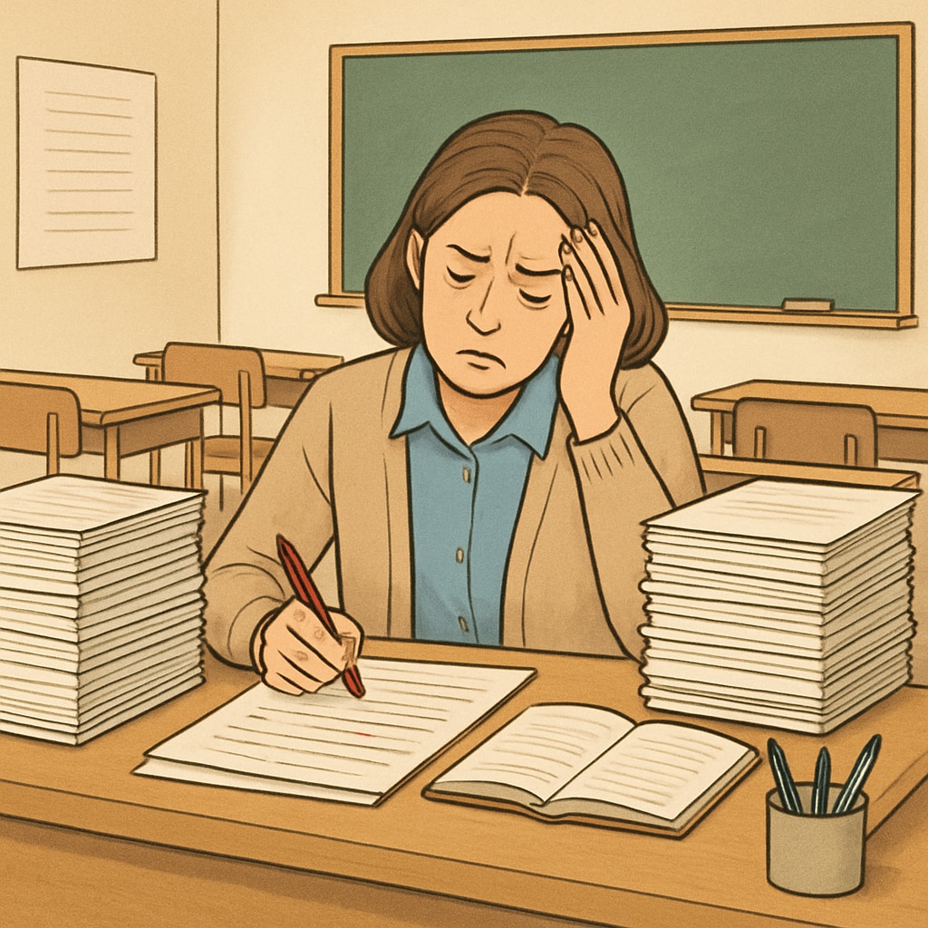 Frustrated teacher grading papers in a classroom, representing workplace struggles.