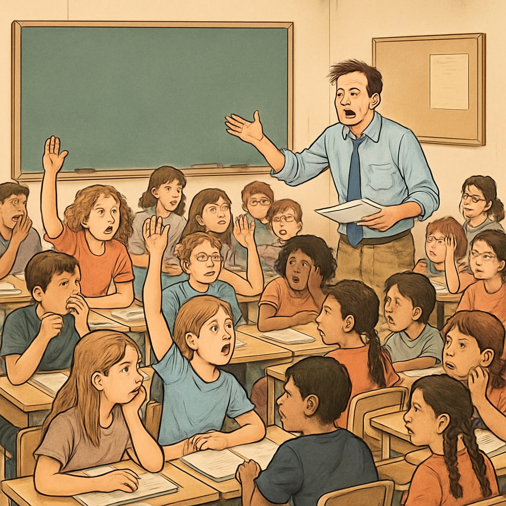 Overcrowded classroom with a teacher struggling, illustrating resource challenges.