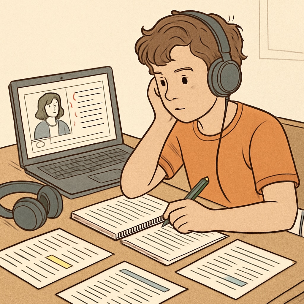 ADHD student using online resources for credit recovery with notes and headphones.