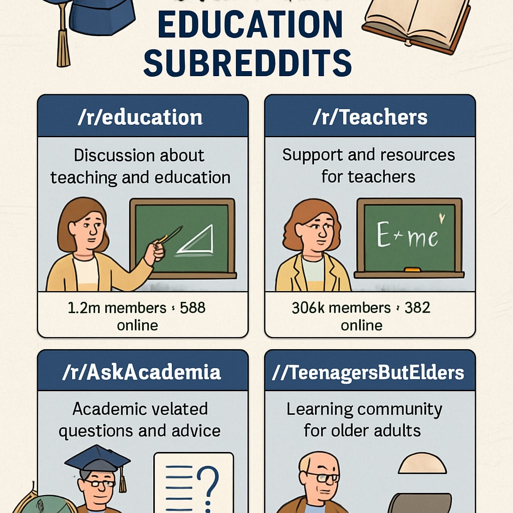 Infographic illustrating key Reddit education subreddits and their purposes.