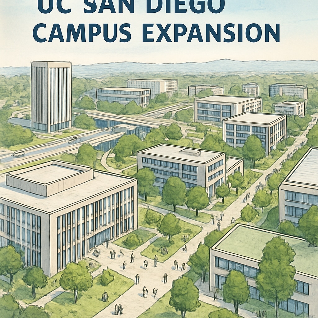 UC San Diego campus expansion rendering with new buildings and green areas.