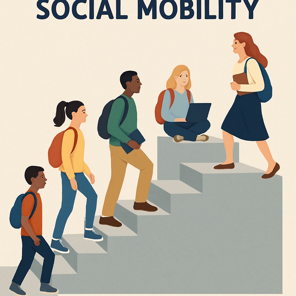 Social mobility symbolized by a staircase with students of different backgrounds climbing it.
