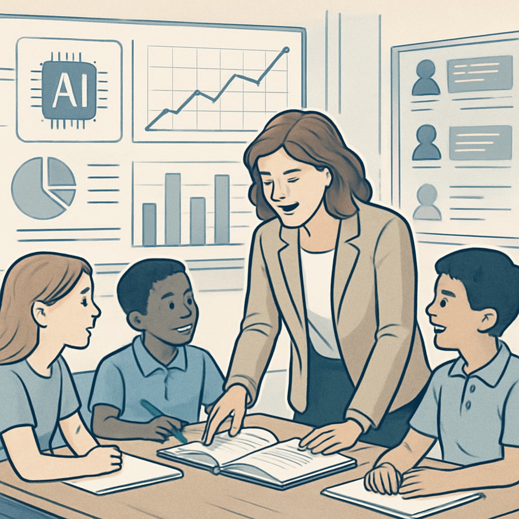 Teacher with students and AI tools in a classroom setting