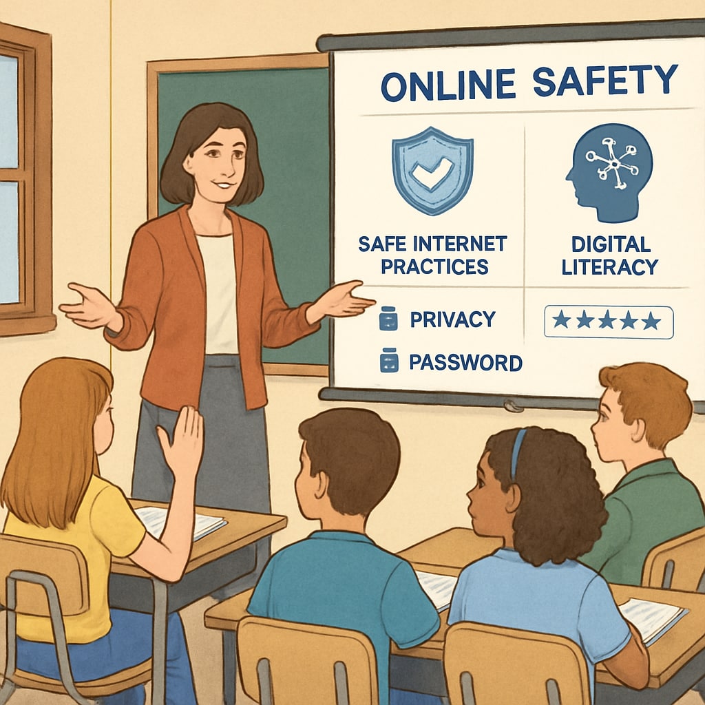 Students learning about digital literacy and online safety in a classroom.