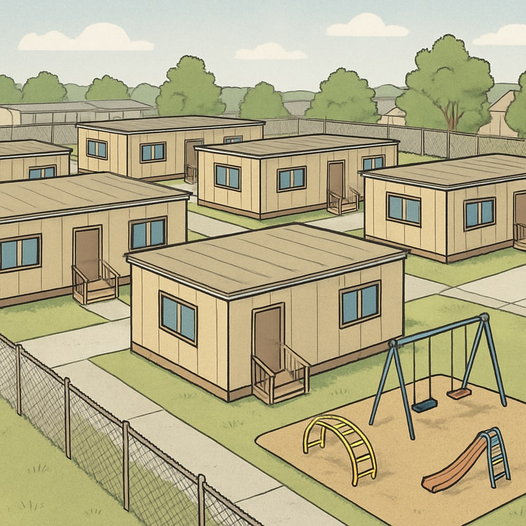 Temporary school campus with portable classrooms and limited outdoor facilities.