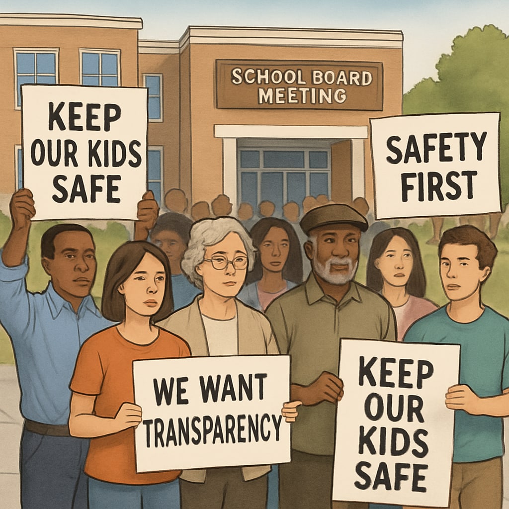 Community members protesting outside a school board meeting, calling for safety and accountability.
