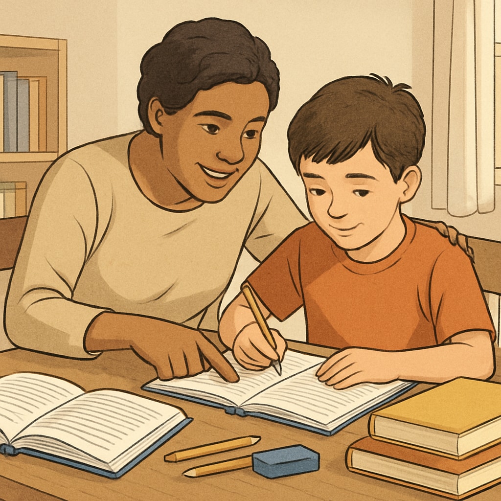 Parent assisting child with homework during school reconstruction.