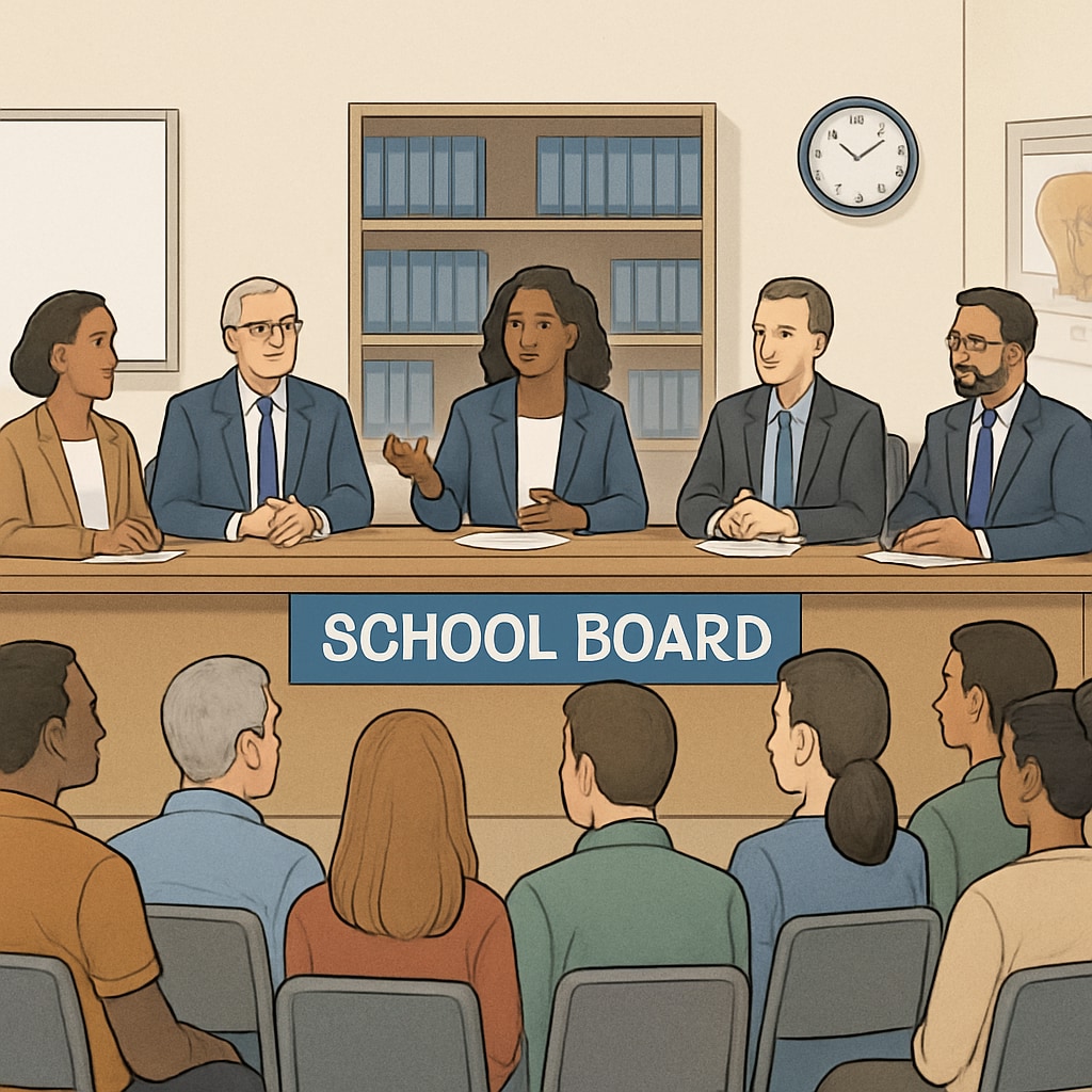 A school board meeting with community members watching, symbolizing governance transparency.