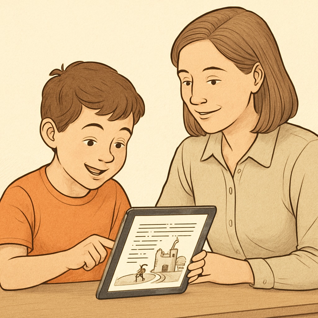 A child using a children's reading app with a parent, enhancing learning.