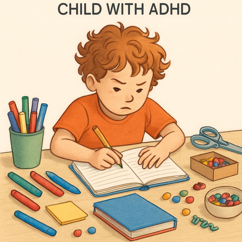 ADHD student studying with creative materials, emphasizing unique learning patterns.