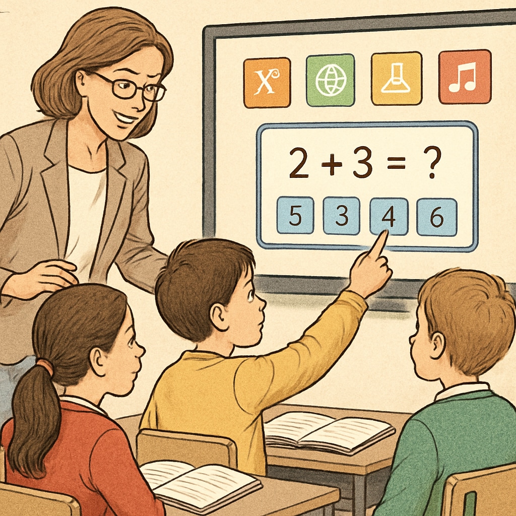 A teacher and students interacting with a children's reading app in class.