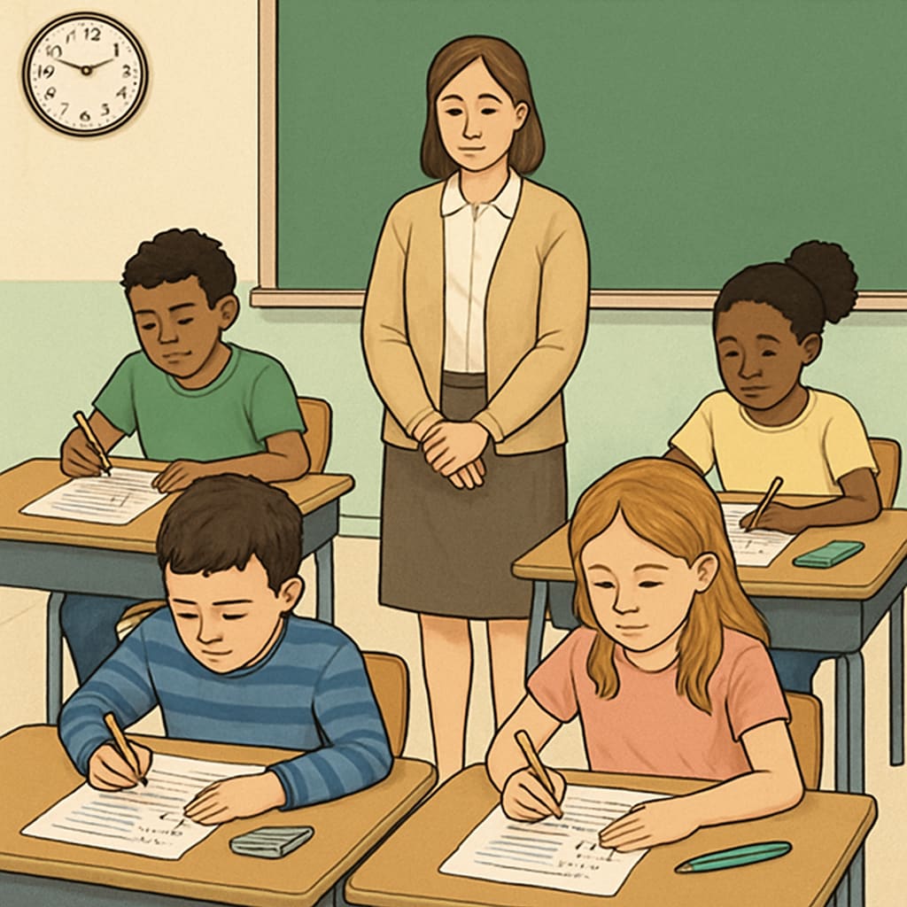 Classroom with students taking tests, highlighting the role of test resources in learning.