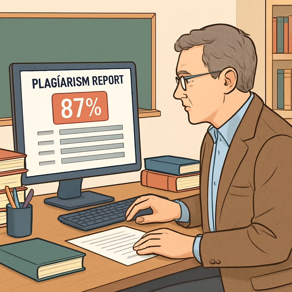A professor analyzing a plagiarism report, emphasizing the technological challenges in academic integrity.