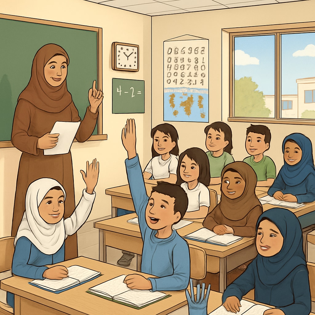 A classroom in Gaza with students participating in learning post-reconstruction.