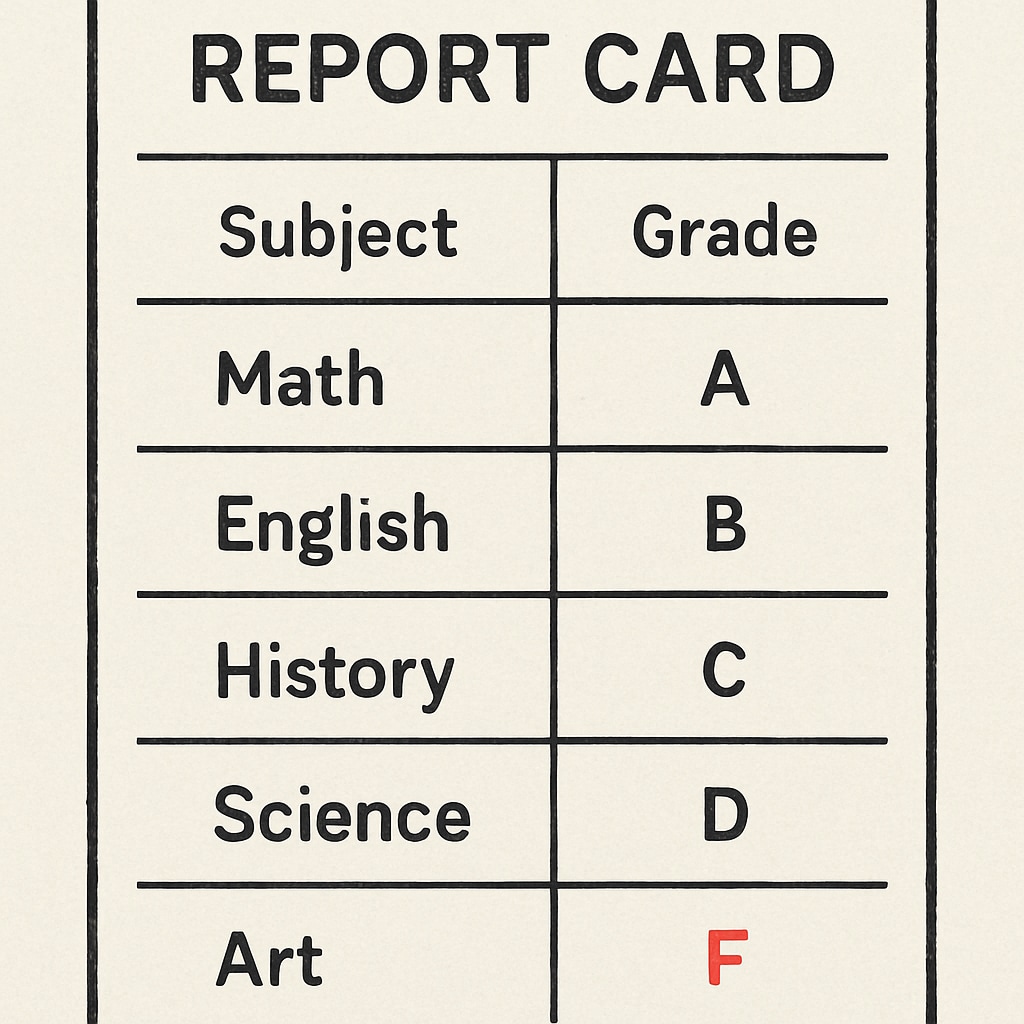 Report card featuring mixed grades, including a C+, representing academic hurdles.