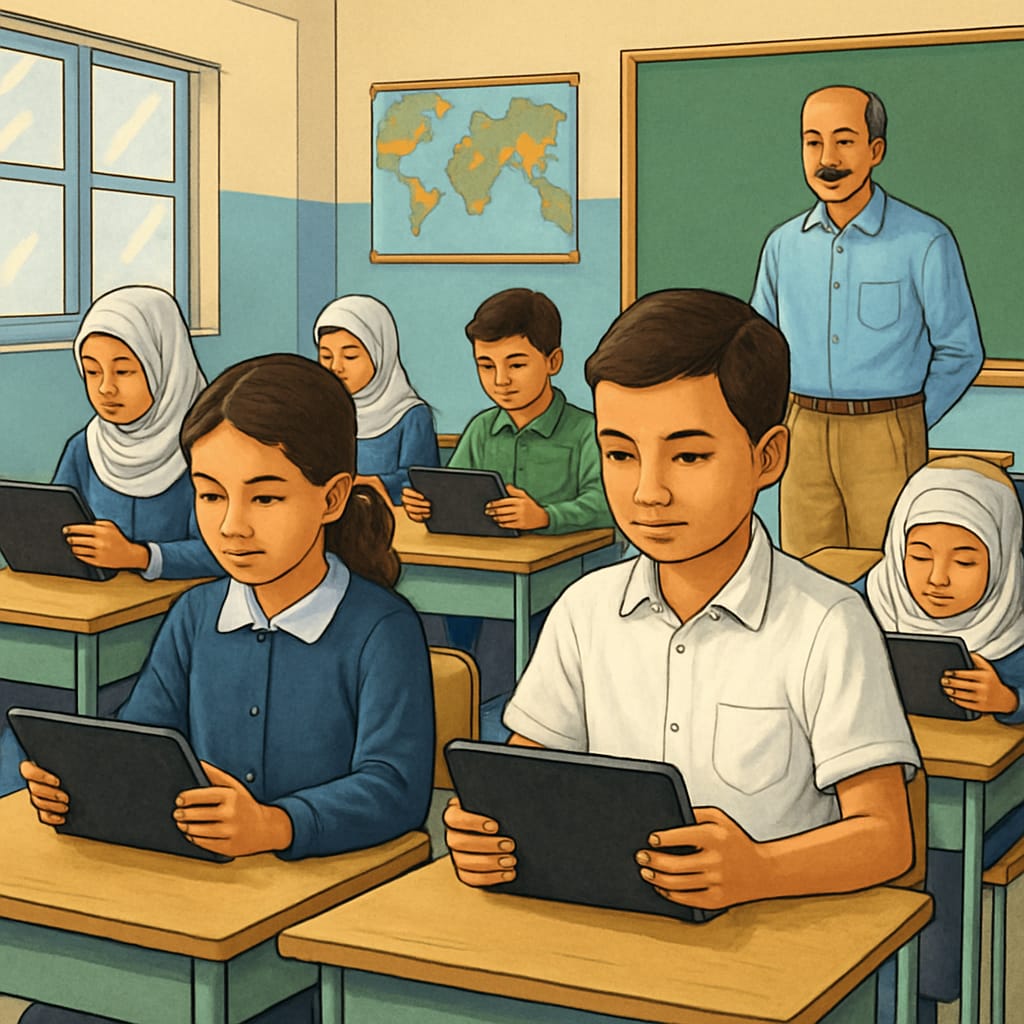 Students in a Gaza classroom using tablets for digital learning.