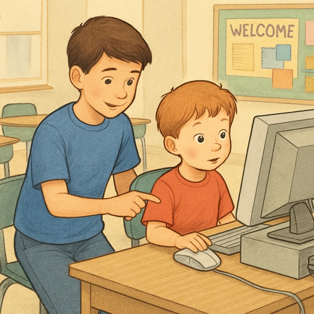 A fourth-grade student guiding a kindergartener on a computer during a cross-age collaboration activity.