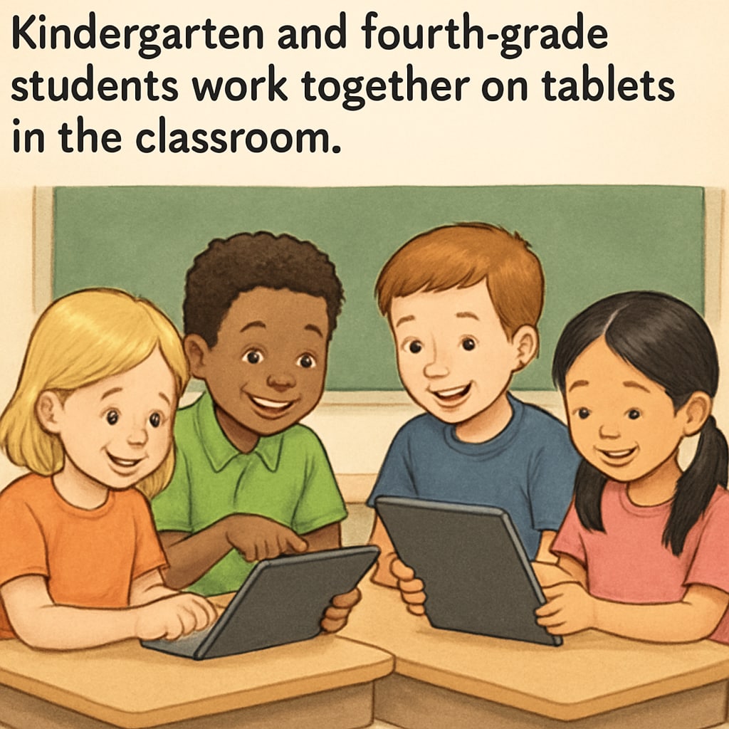 Kindergarten and fourth-grade students collaborating on tablets in a classroom setting.