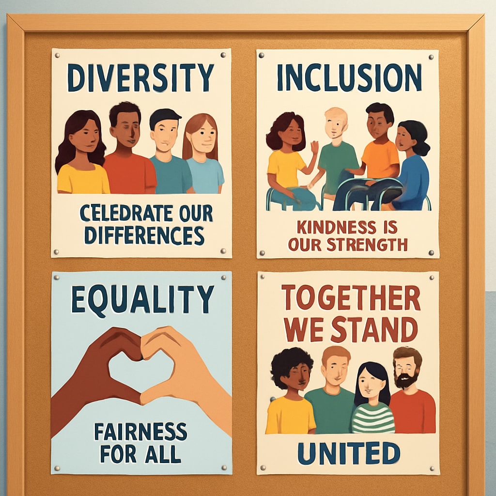 Bulletin board showcasing diversity and inclusion posters in a school.