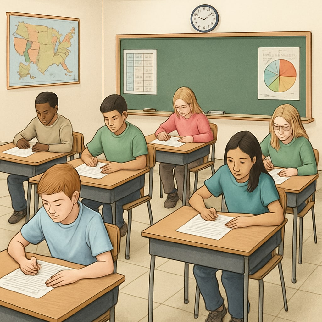 Students in a classroom appearing stressed during a traditional competitive exam.