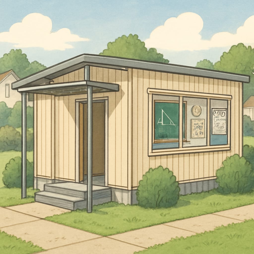 Temporary school building with portable classrooms and minimal facilities.