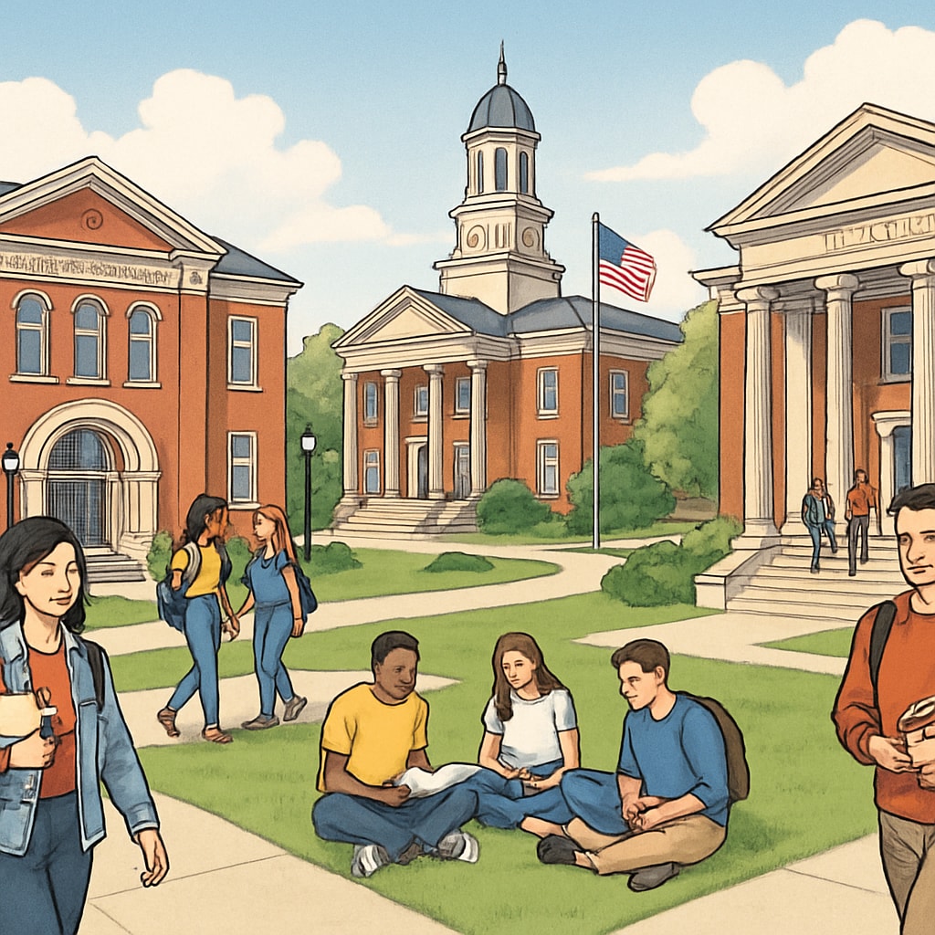 Academic buildings and student life on a U.S. university campus.
