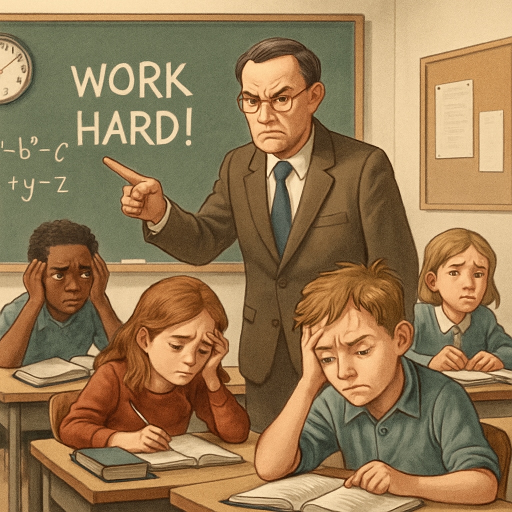 Students appearing stressed under extreme teaching methods.