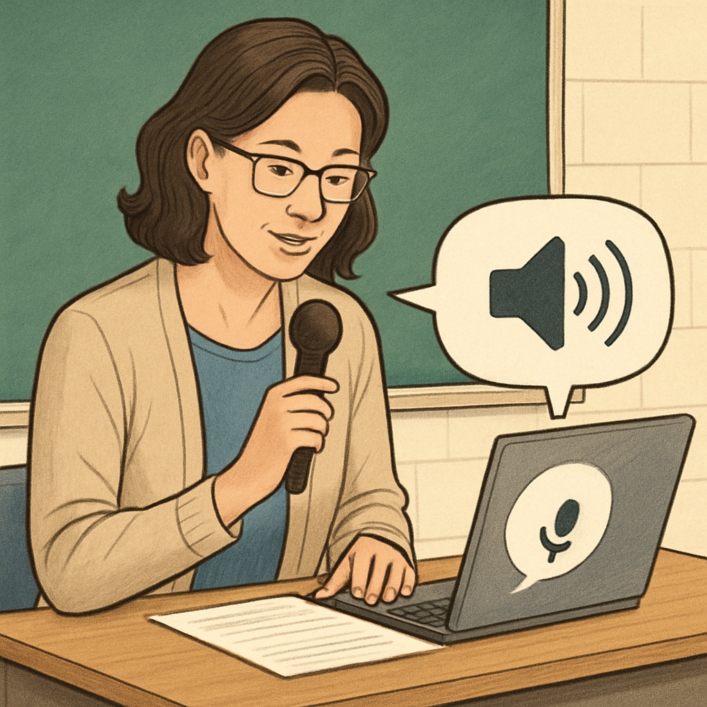 Teacher using voice recognition software for educational feedback.