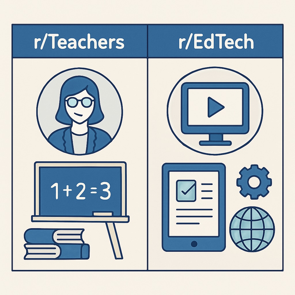 A comparison of r/Teachers and r/EdTech subforums on Reddit.
