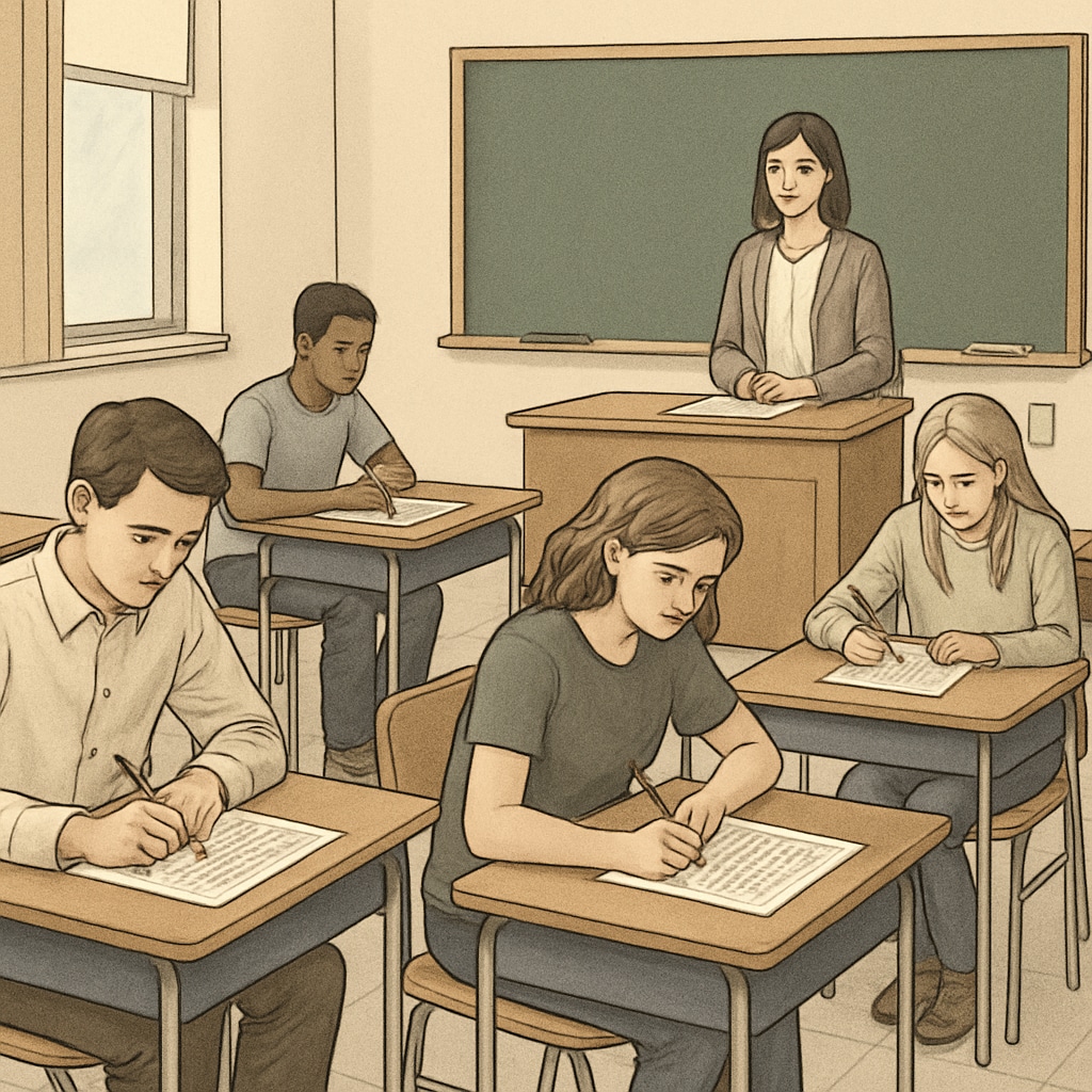 Students taking a standardized exam, representing traditional talent selection methods.