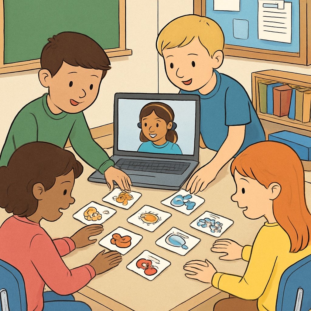 Students engaging in Zoom teaching activity with image cards.