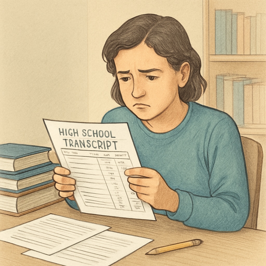Concerned student reviewing academic transcript for college applications.