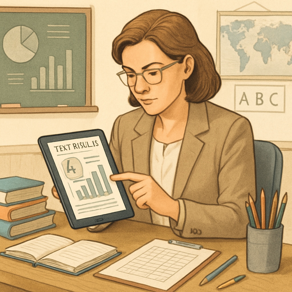 Teacher using technology to analyze K12 testing resources.