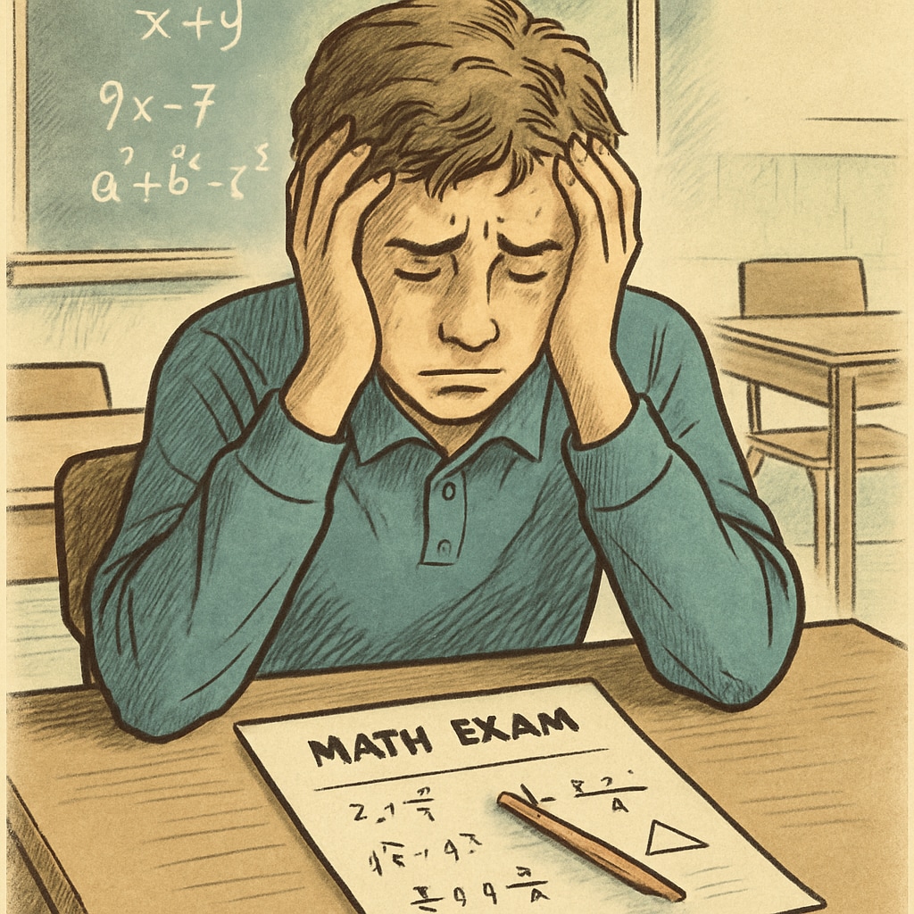A stressed student experiencing math anxiety during a test.