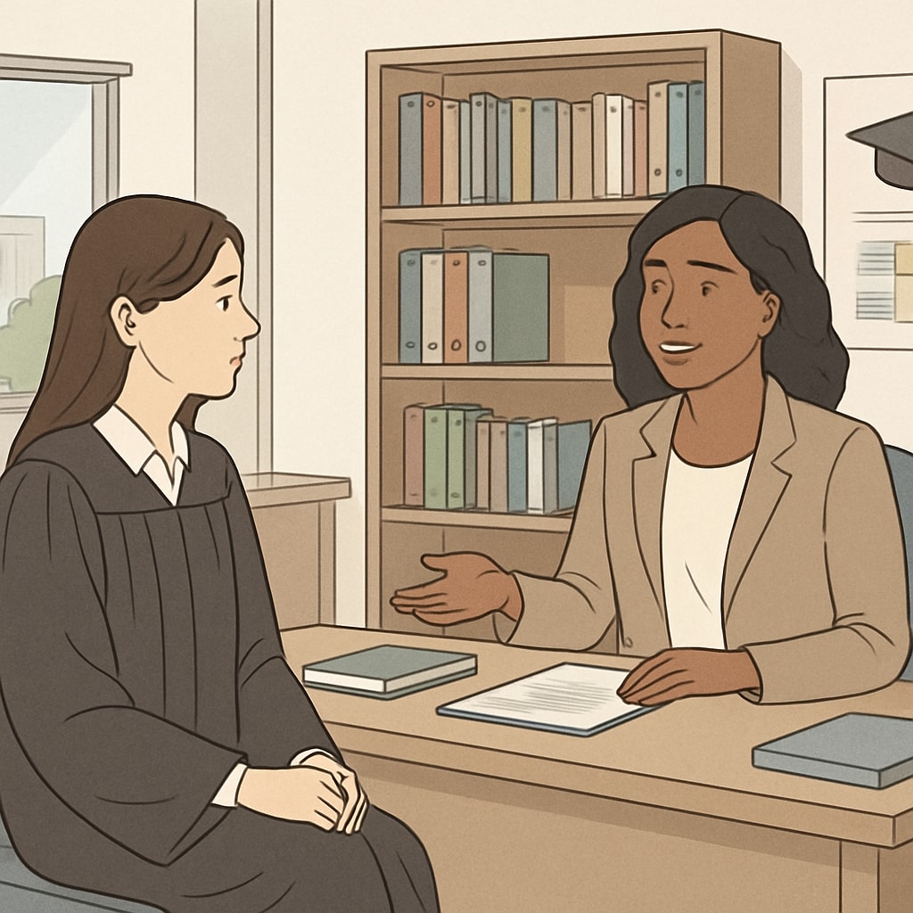 Graduate student interviewing a school counselor for research purposes.