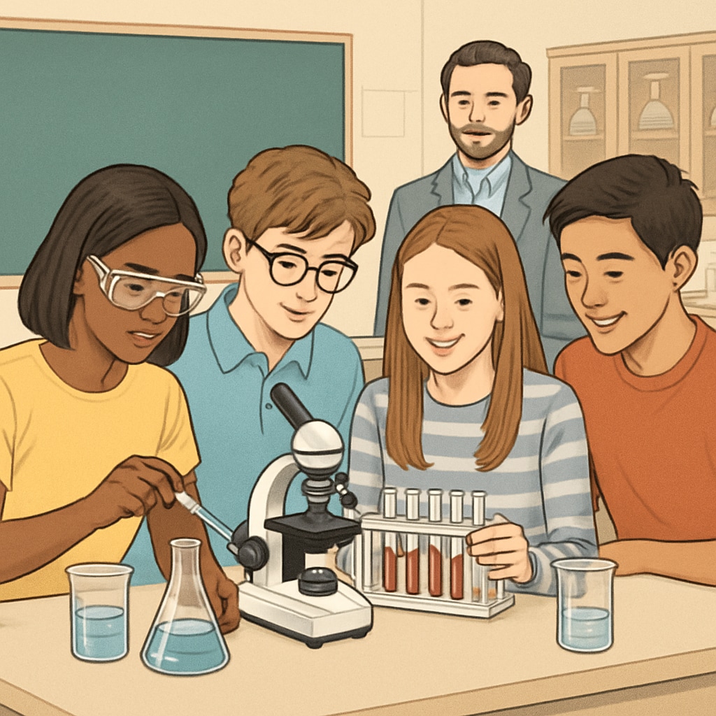 High school students collaborating on a science experiment, supporting inclusive science teaching.