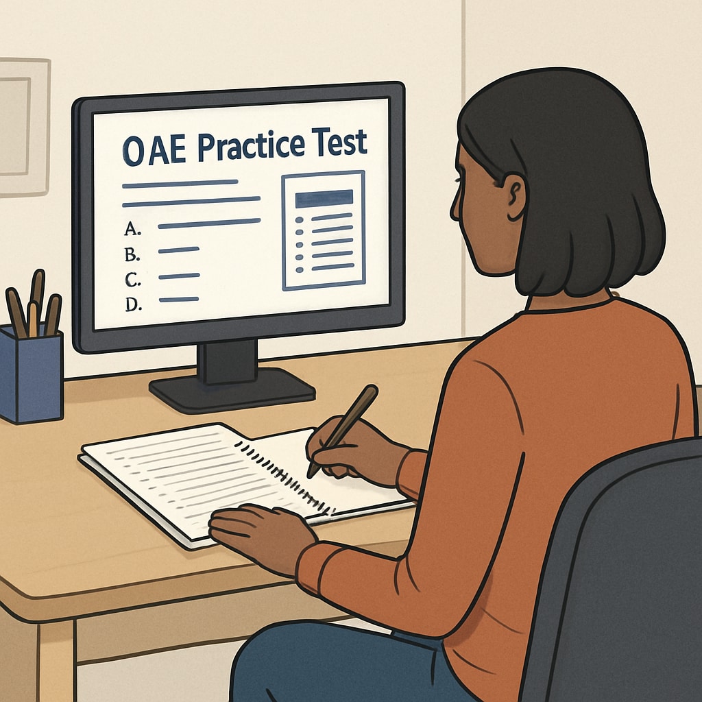 Candidate preparing for OAE exam in a computer-based testing environment.