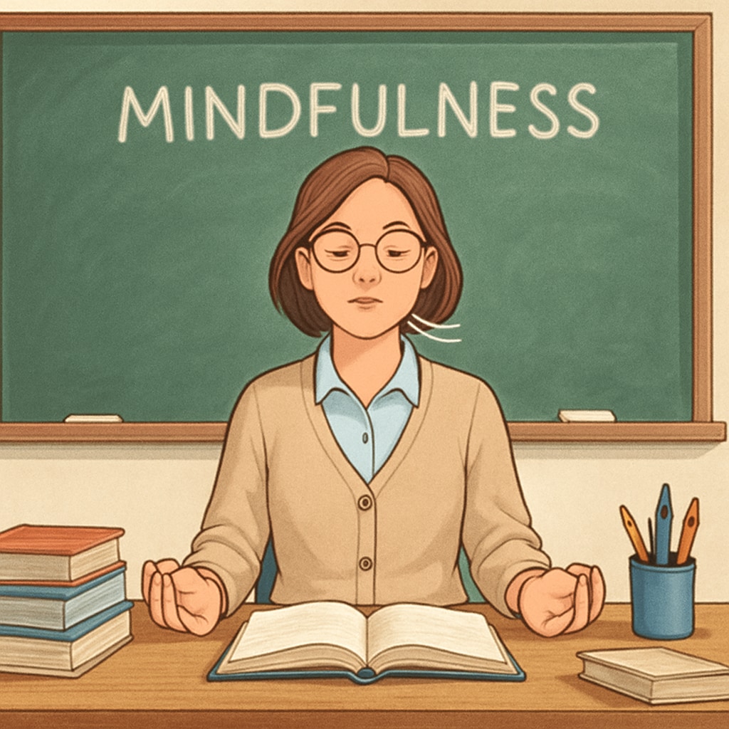 Teacher engaging in mindfulness techniques to manage OAE-related exam anxiety.