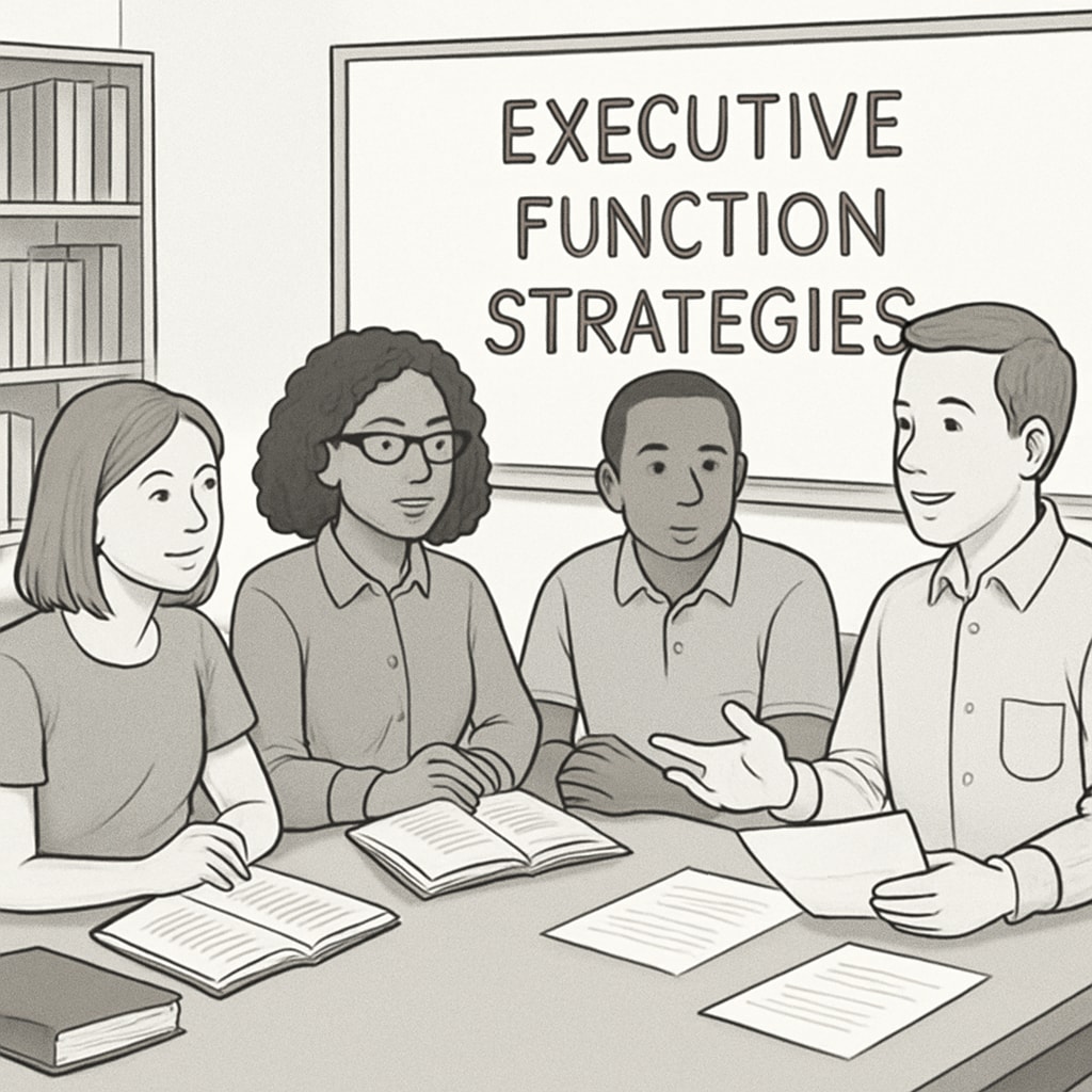 Parents and educators discussing executive function strategies for ADHD and ASD families