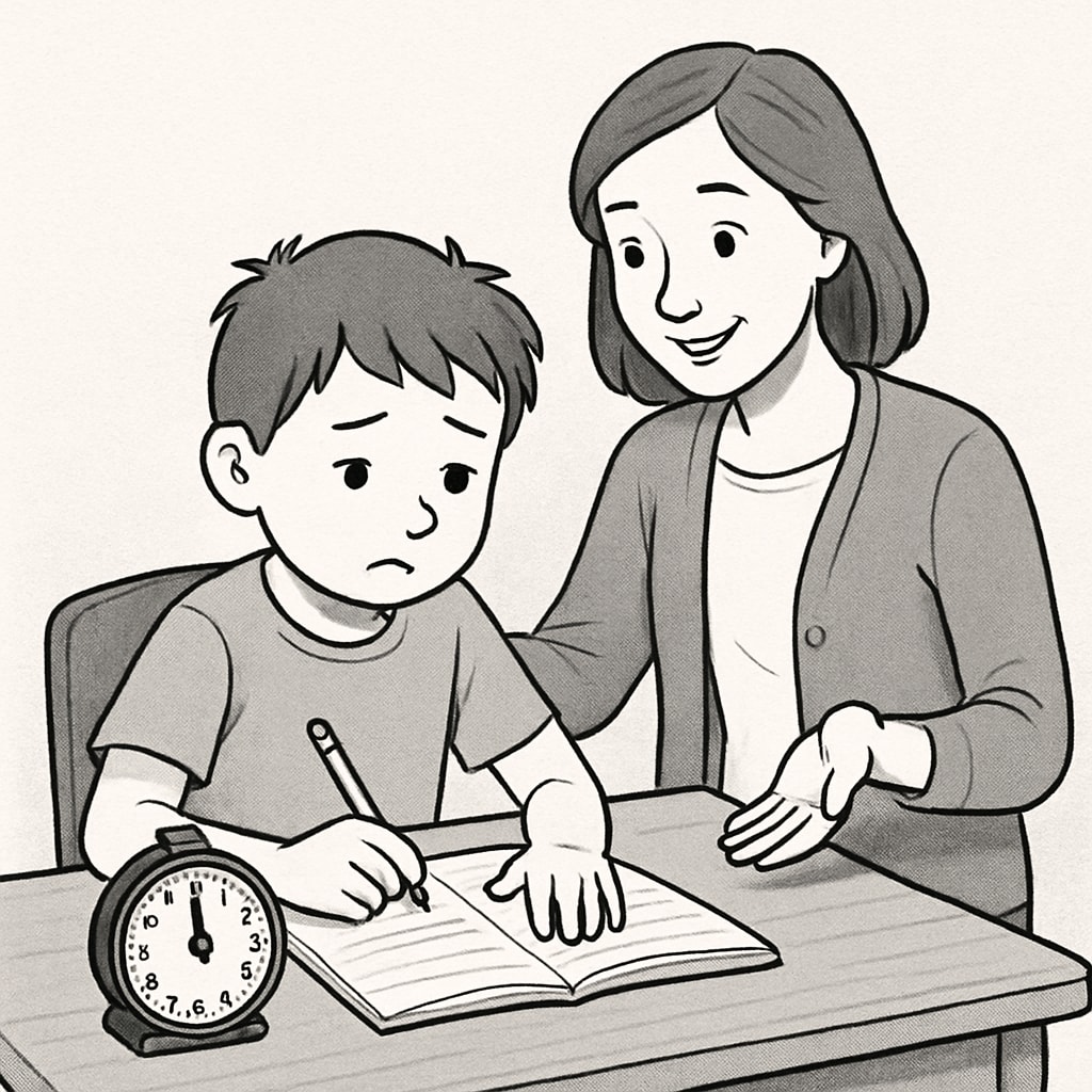 ADHD child completing homework with parental support and timer