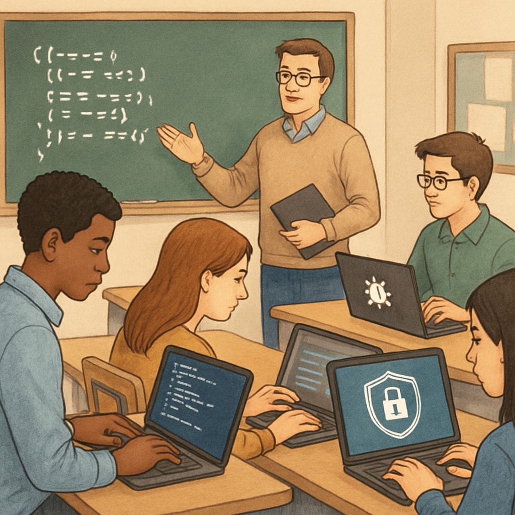 Students learning coding and cybersecurity in a K12 classroom setting.