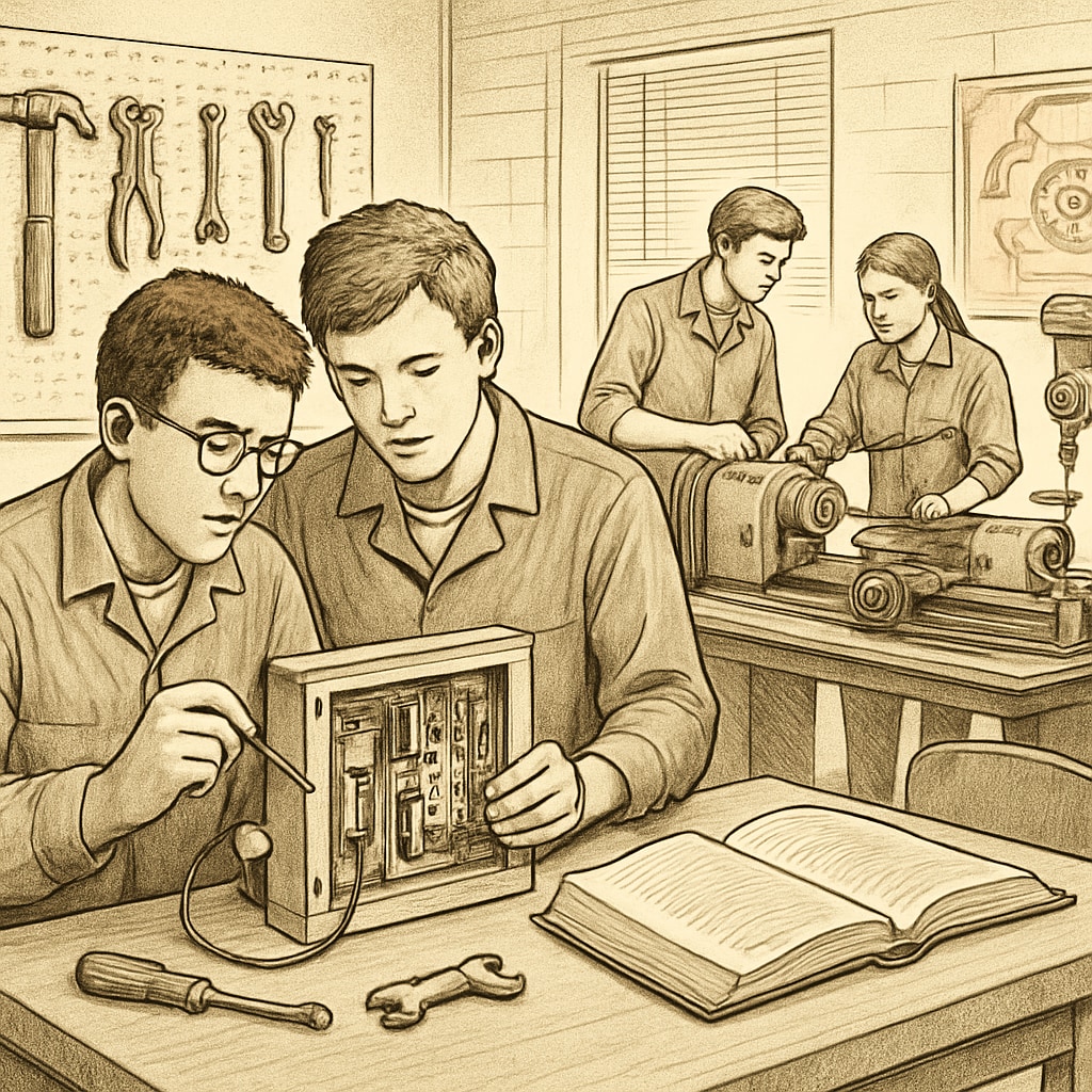 Vocational education classroom with students receiving technical training.