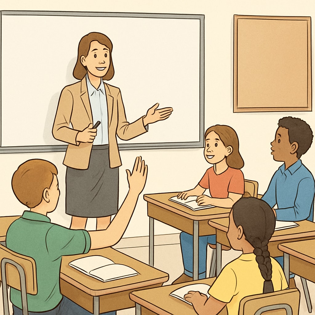 Teacher engaging students in a disciplined yet caring environment.