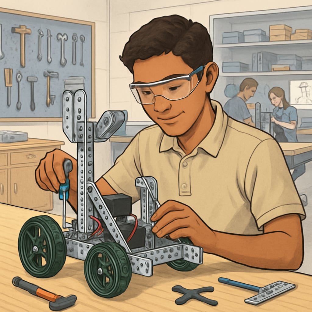High school student building a robot in a STEM-focused CTE classroom.