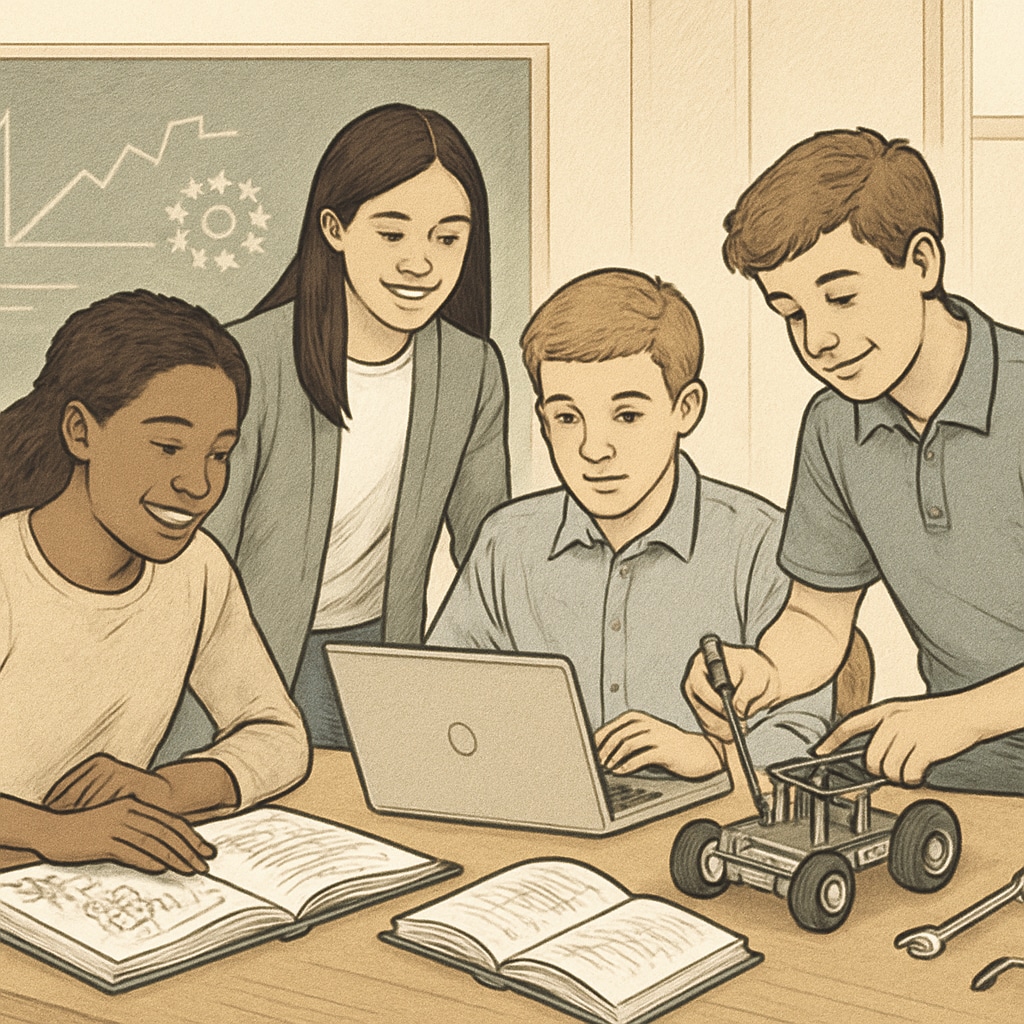Students collaborating on a project combining technical skills and academic learning.